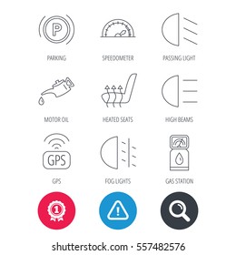 Achievement and search magnifier signs. Motor oil, passing fog lights and gps icons. Speedometer, parking and gas station linear signs. Heated seats icon. Hazard attention icon. Vector