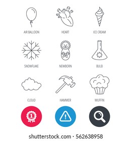 Achievement and search magnifier signs. Newborn, heart and lab bulb icons. Ice cream, muffin and air balloon linear signs. Cloud and snowflake flat line icons. Hazard attention icon. Vector