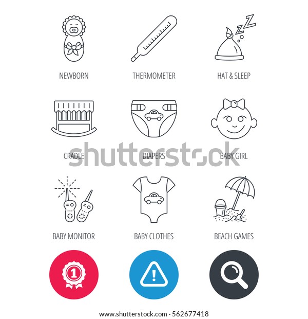 Achievement and search magnifier signs. Newborn
clothes, diapers and sleep hat icons. Thermometer, baby girl and
cradle linear signs. Beach games, monitoring flat line icons.
Hazard attention
icon