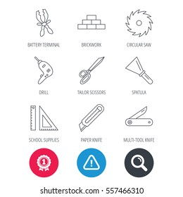 Achievement and search magnifier signs. Paper knife, spatula and scissors icons. Circular saw, brickwork and drill tool linear signs. Multi-tool knife, rulers icons. Hazard attention icon. Vector