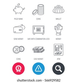 Achievement and search magnifier signs. Piggy bank, cash money and wallet icons. Safe box, send money and dollar usd linear signs. Give money, coins and ATM icons. Hazard attention icon. Vector