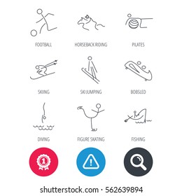 Achievement and search magnifier signs. Pilates, football and skiing icons. Fishing, diving and figure skating linear signs. Ski jumping, horseback riding and bobsled icons. Hazard attention icon