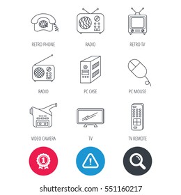 Achievement and search magnifier signs. Radio, TV remote and video camera icons. Retro phone, PC case and mouse linear signs. Hazard attention icon. Vector