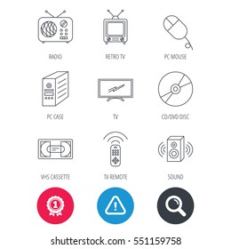 Achievement and search magnifier signs. Retro TV, radio and DVD disc icons. PC mouse, VHS cassette and sound speaker linear signs. Hazard attention icon. Vector