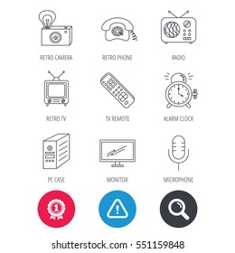 Achievement and search magnifier signs. Retro camera, radio and phone call icons. Monitor, PC case and microphone linear signs. TV remote, alarm clock icons. Hazard attention icon. Vector