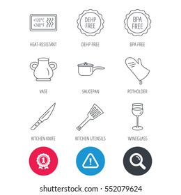 Achievement and search magnifier signs. Saucepan, potholder and wineglass icons. Kitchen knife, utensils and vase linear signs. Heat-resistant, BPA, DEHP free icons. Hazard attention icon. Vector