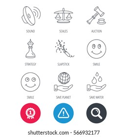 Achievement and search magnifier signs. Scales of justice, auction hammer and strategy icons. Save planet and water linear signs. Smile, slapstick icons. Hazard attention icon. Vector