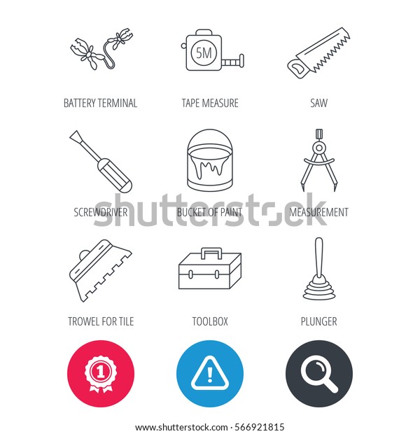Achievement and search magnifier signs.\
Screwdriver, plunger and repair toolbox icons. Trowel for tile,\
bucket of paint linear signs. Measurement, battery terminal icons.\
Hazard attention icon.\
Vector