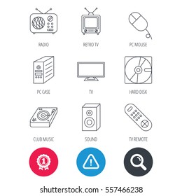 Achievement and search magnifier signs. Sound, club music and retro radio icons. PC mouse and case, hard disk linear signs. TV remote icons. Hazard attention icon. Vector
