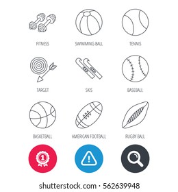 Achievement and search magnifier signs. Sport fitness, tennis and basketball icons. Baseball, skis and American footbal signs. Rugby, swimming or pilates ball icons. Hazard attention icon. Vector