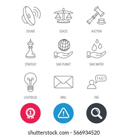 Achievement and search magnifier signs. Strategy, auction and scales of justice icons. Save planet, water and lamp lightbulb linear signs. Faq and law hammer flat line icons. Hazard attention icon
