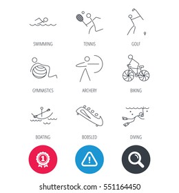 Achievement and search magnifier signs. Swimming, tennis and golf icons. Biking, diving and gymnastics linear signs. Archery, boating and bobsleigh icons. Hazard attention icon. Vector