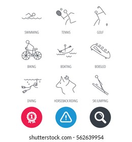 Achievement and search magnifier signs. Swimming, tennis and golf icons. Biking, diving and horseback riding linear signs. Ski jumping, boating and bobsleigh icons. Hazard attention icon. Vector