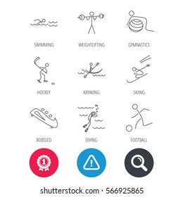 Achievement and search magnifier signs. Swimming, football and skiing icons. Ice hockey, diving and gymnastics linear signs. Kayaking, weightlifting and bobsleigh icons. Hazard attention icon. Vector