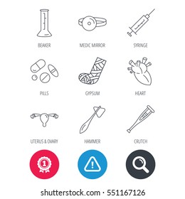 Achievement and search magnifier signs. Syringe, beaker and pills icons. Crutch, medical hammer and mirror linear signs. Heart, broken leg and uterus ovary icons. Hazard attention icon. Vector