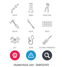 Achievement and search magnifier signs. Thermometer, pills and dental pliers icons. Tablets, drilling tool and beaker linear signs. Enema, scalpel and pipette drop flat line icons. Vector