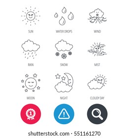 Achievement and search magnifier signs. Weather, sun and rain icons. Moon night, clouds and mist linear signs. Wind, cloudy day and water drops flat line icons. Hazard attention icon. Vector