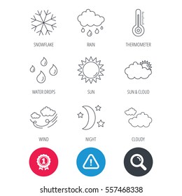 Achievement and search magnifier signs. Weather, sun and rain icons. Moon night, clouds and water drops linear signs. Wind, snowflakes and thermometer flat line icons. Hazard attention icon. Vector