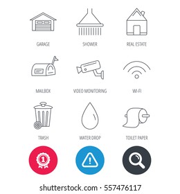 Achievement and search magnifier signs. Wi-fi, video monitoring and real estate icons. Toilet paper, shower and water drop linear signs. Trash, garage flat line icons. Hazard attention icon. Vector
