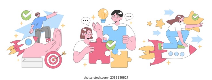 Achievement set. Celebrating success journey. Man on rocket, woman holding star, duo assembling puzzle. Goals reached. Teamwork. Flat vector illustration