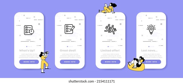 Achievement set icon. Clipboard, tick, run, idea, time, implementation. Morivation concept. UI phone app screens with people. Vector line icon for Business and Advertising