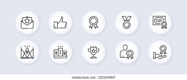 Achievement set icon. Review, feedback, rating, flicker star, shimmer, medal, gong, shine, reward, shooting star, tail, first place, pedestal. Dream concept. Vector line icon for Business