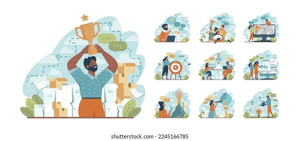 Conjunto de logros. Nuevo hito alcanzado en la actividad empresarial, éxito profesional o premio. Gran trofeo ganador. Ilustración vectorial plana