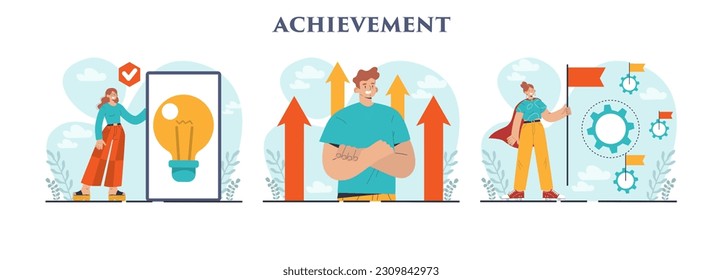 Achievement set. Reached milestone in business or education. Challenge, career success or winning award. Character holding a big gold trophy or prize. Flat vector illustration