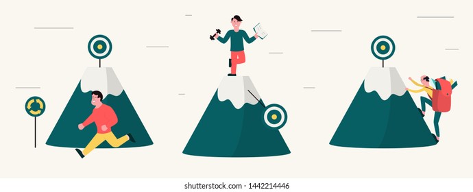 Achievement and success. Climbing the mountain to the goal. Motivation and the right direction. Healthy lifestyle. Vector illustration.