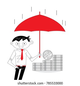 Achievement or Success concept.Manager,office worker or businessman with the beard holding an open umbrella over golden coins. Concept of business insurance.Business vector concept illustration