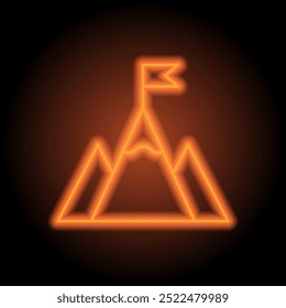 Achievement, success, mountain simple icon vector. Flat design. Orange neon on black background.ai