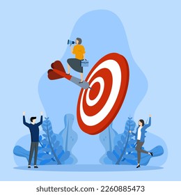 Achievement, success or teamwork helping to reach target concept, reach goal or meet target, win business challenge, successful businessman holding winner flag on arrow hitting bullseye target