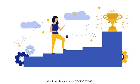 Achievement target career challenge vector flat illustration. Woman kpi walking steps to gold cup. Job journey business success leader ambition. Goal progress up climbing performance banner