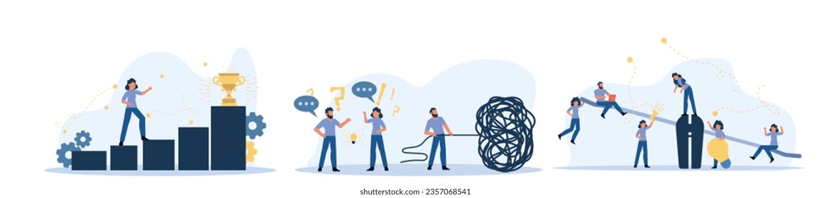 Achievement target career challenge vector flat illustration. Woman kpi walking steps to gold cup. Job journey business success leader ambition. Goal progress up climbing performance banner