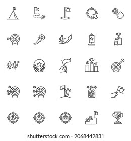 Achievement target line icons set. linear style symbols collection, outline signs pack. Business target vector graphics. Set includes icons as goal mission, business success, hand and flag, trophy cup