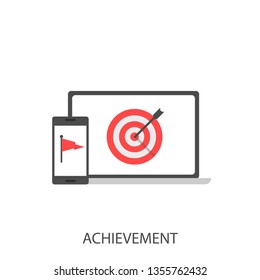 Achievement. Target and red flag, phone and laptop Vector illustration