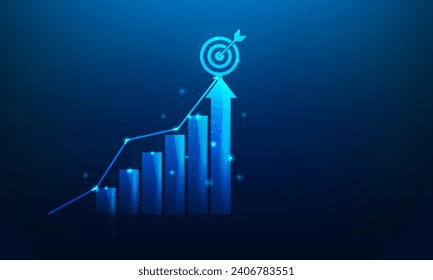 Erreichen des Ziels Schritt für Erfolg auf blauem Hintergrund. Die digitale Technologie mit hohen Investitionen. Vektorgrafik Business Technology Design.