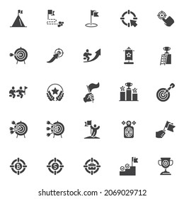 Achievement target vector icons set, modern solid symbol collection, filled style pictogram pack. Signs, logo illustration. Set includes icons as goal mission, business success, hand and flag, trophy