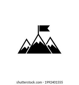 Achievement Top Point Flag Goal on Mountain. Flat Vector Icon illustration. Simple black symbol on white background. Top Point Flag Goal on Mountain sign design template for web and mobile UI element.