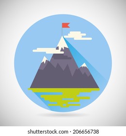 Achievement Top Point Flag Goal Symbol Mountain Clouds Grass Land Icon On Stylish Background Modern Flat Design Vector Illustration