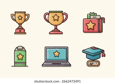Logro y Colección de trofeos con una medalla de gorra de graduación y más celebrando el éxito y los hitos en la vida
