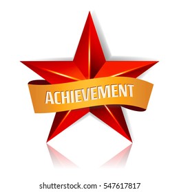 Achievement Vector Star With Red Ribbon. Yellow Sign With Place For Text. Golden Decoration Symbol. 3d Shine Icon Isolated On White Background.