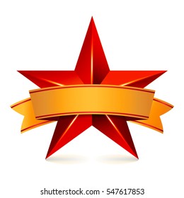 Achievement Vector Star With Red Ribbon. Yellow Sign With Place For Text. Golden Decoration Symbol. 3d Shine Icon Isolated On White Background.
