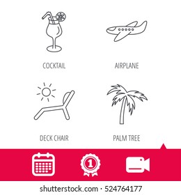 Achievement and video cam signs. Airplane, deck chair and cocktail icons. Palm tree linear sign. Calendar icon. Vector