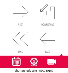 Achievement and video cam signs. Arrows icons. Downstairs, next and back linear signs. Next, back arrows flat line icons. Calendar icon. Vector