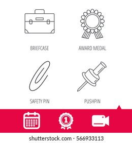 Achievement and video cam signs. Award medal, pushpin and briefcase icons. Safety pin linear sign. Calendar icon. Vector