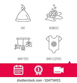 Achievement and video cam signs. Baby clothes, bath bubbles and hat icons. Baby toys linear signs. Calendar icon. Vector