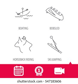 Achievement and video cam signs. Boating, horseback riding and bobsled icons. Ski jumping linear sign. Calendar icon. Vector
