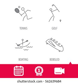 Achievement and video cam signs. Boating, tennis and golf icons. Bobsled linear sign. Calendar icon. Vector