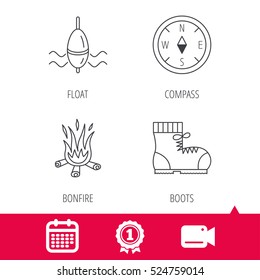 Achievement and video cam signs. Bonfire, fishing float and hiking boots icons. Compass linear sign. Calendar icon. Vector